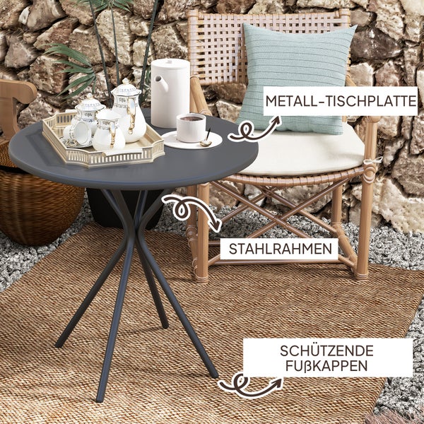 Outsunny Gartentisch Ø60 x 70 cm, Wetterfest Balkontisch aus Stahl, Runder Esstisch mit Fußpolster Outdoor Campingtisch Beistelltisch, Terrassentisch für Garten Terrasse Balkon Schwarz