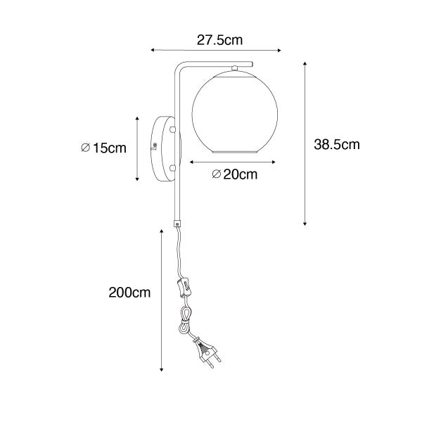Technische Zeichnung einer Wandleuchte mit den Maßen 27,5 cm Breite, 38,5 cm Höhe, Lampenschirmdurchmesser 20 cm, Wandhalterungsdurchmesser 15 cm und Kabellänge 200 cm.