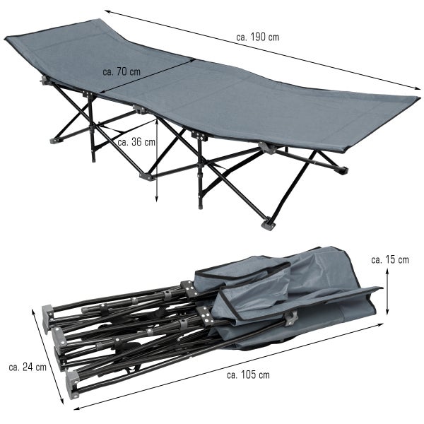 Campingliege in aufgebautem und zusammengeklapptem Zustand mit Maßangaben.