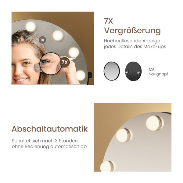 Kosmetikspiegel mit siebenfacher Vergroesserung, Saugnapf und automatischer Abschaltung nach drei Stunden.