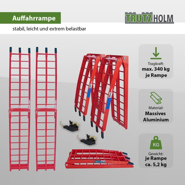 TRUTZHOLM 2 x Auffahrrampe klappbar 180 cm Traglast 680 kg Alu rot geriffelte Einzelstäbe Verladerampe