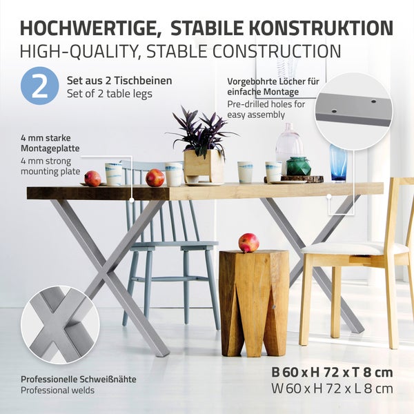 ECD Germany 2x Tischbeine X-Design X-Form, 60 x 72 cm, Grau, pulverbeschichtete Stahl, Industriedesign, Metall Tischkufen Tischuntergestell Tischgestell Möbelfüße, für Esstisch Schreibtisch