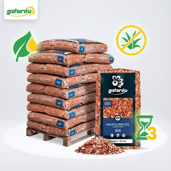 Galamio Logo. Hackschnitzel auf Palette, 60 Liter Säcke, unkrauthemmend, lange Haltbarkeit, natürliche Holzchips 5 bis 60 Millimeter.