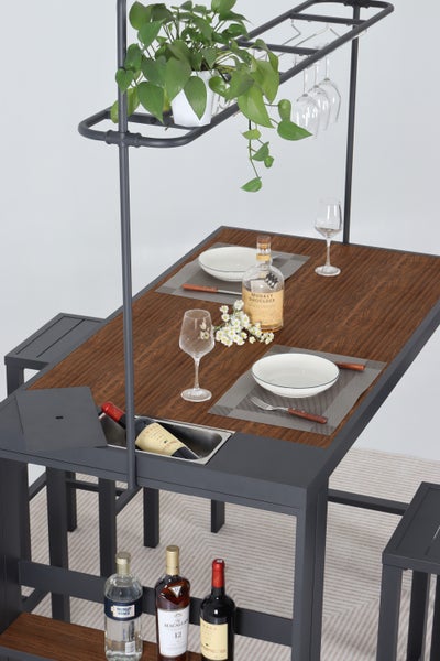 Bar-Sitzgruppe / Gartentheke ELSA 5tlg., 4 Hocker, Tisch, anthrazit mit Holzoptik