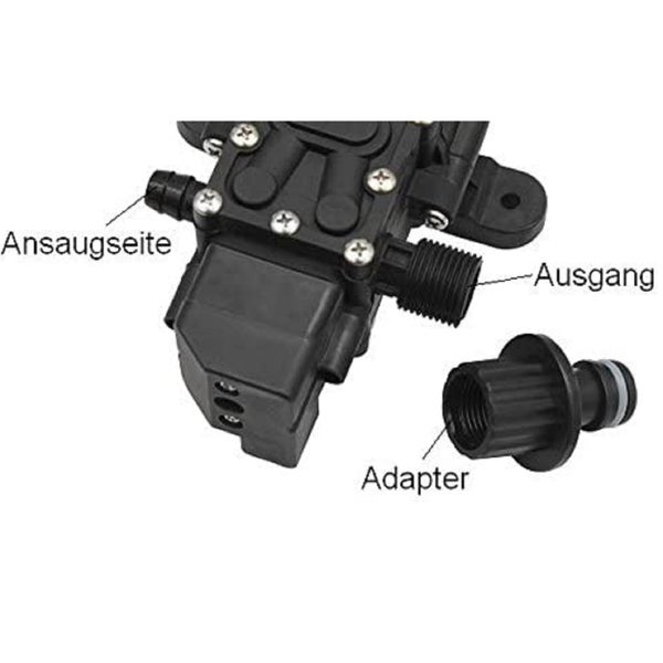 Pumpenkopf mit Anschlüssen für Ansaugseite und Ausgang sowie separatem Schlauchadapter