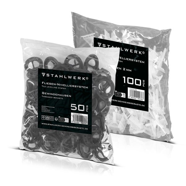 Zwei Packungen STAHLWERK Fliesen Nivelliersystem: eine mit 50 Gewindehauben und eine mit 100 Fliesenkeilen