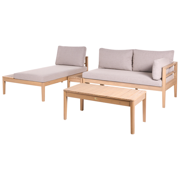 Gartenlounge Set aus Holz mit gepolsterten Auflagen bestehend aus einem Sofa einem Loungesessel und einem Couchtisch
