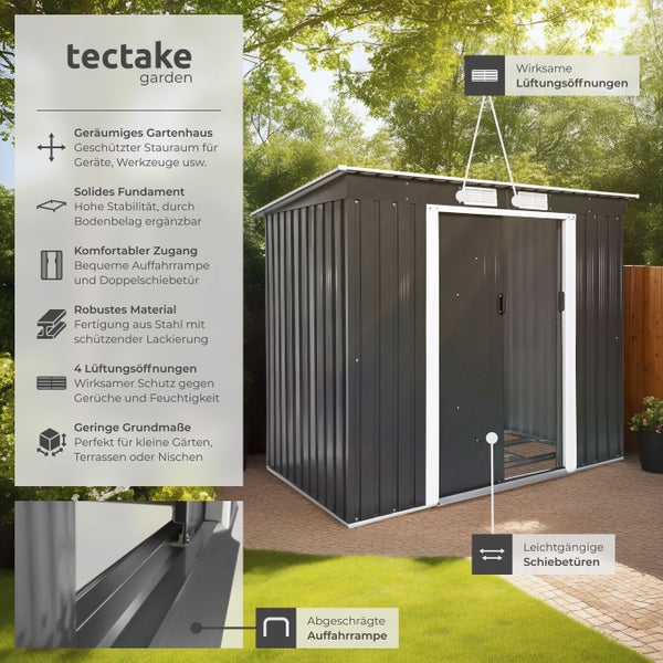 tectake garden Logo. Modernes Gerätehaus aus Metall mit Doppelschiebetür und Lüftungsöffnungen im Garten, Infografik zeigt Fundament und Auffahrrampe.
