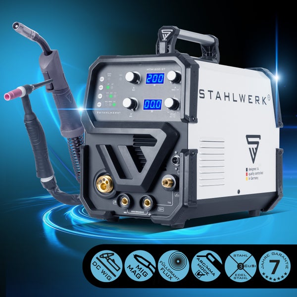 STAHLWERK MTM-200 ST Schweißgerät mit Gleichstrom WIG, MIG MAG, Fülldraht Flux und ARC/MMA Modus sowie Stahl Cusi und Edelstahl Kennzeichnung