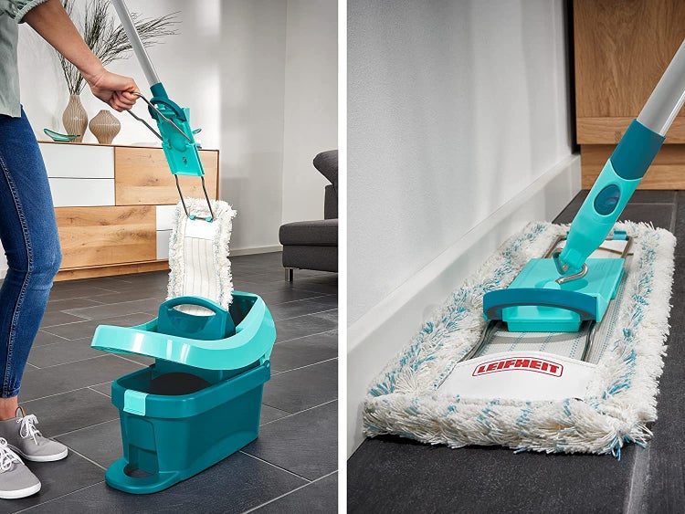 Leifheit rückenschonender Bodenwischer Profi XL cotton plus, Stahlstiel 146cm, Wischmopp mit Fußklick, für Fliesen- umd Steinböden, 360° Drehgelenk, Click-System, umweltfreundlicher Karton