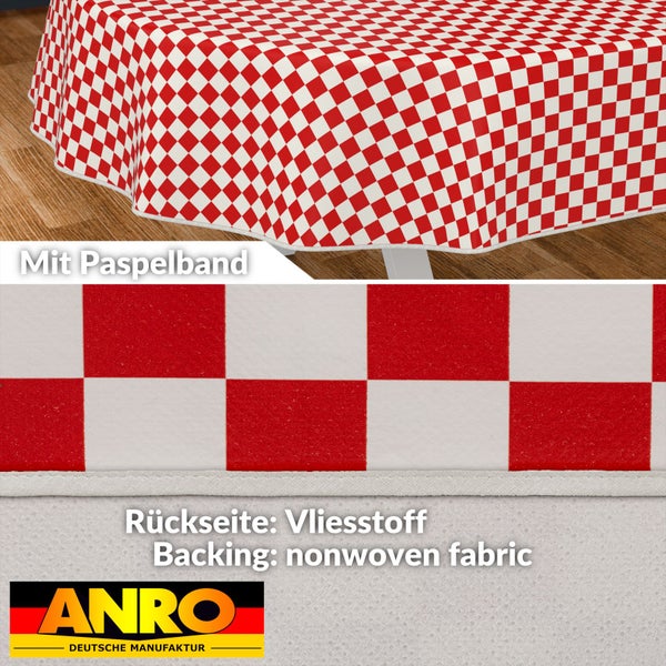 Tischdecke mit rotem und weißem Schachbrettmuster und Paspelband