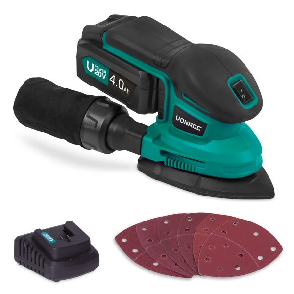 VONROC Deltaschleifer Akku, Dreieckschleifer, Multischleifer - Schleifgerät, Handschleifer mit Staubbehälter 20V inkl. 4Ah Akku & Ladegerät - Für Holz, Kunststoff, Metall - inkl. 6 Schleifpapier