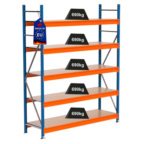 Regal mit fünf Regalböden und einer Traglast von 690 Kilogramm je Ebene, Hergestellt in der EU Siegel
