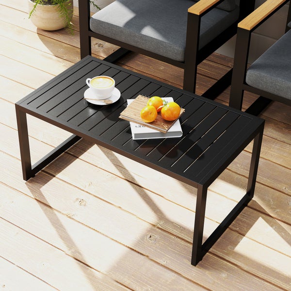 Outsunny Beistelltisch mit Lamellendesign Balkontisch aus Aluminium Kaffeetisch wetterfest Gartentisch pflegeleicht Sofatisch Outdoor Tisch für Balkon Garten Terrasse 90 x 50 x 42 cm Schwarz