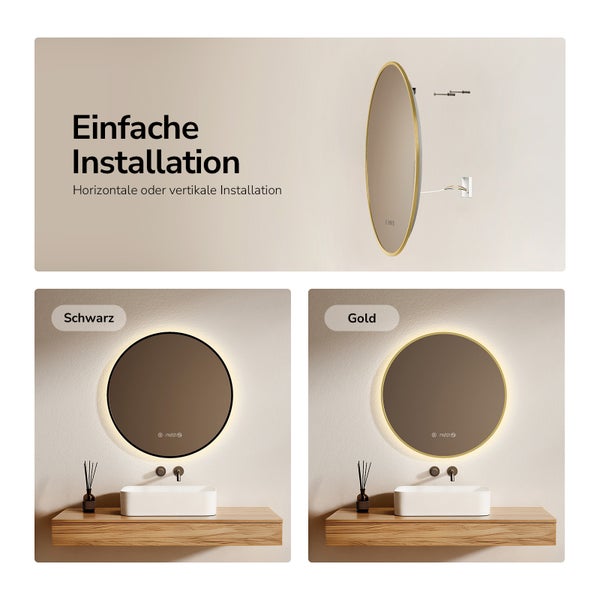 Runder LED-Badezimmerspiegel in Schwarz und Gold mit Hintergrundbeleuchtung und Montageanleitung für einfache Installation.