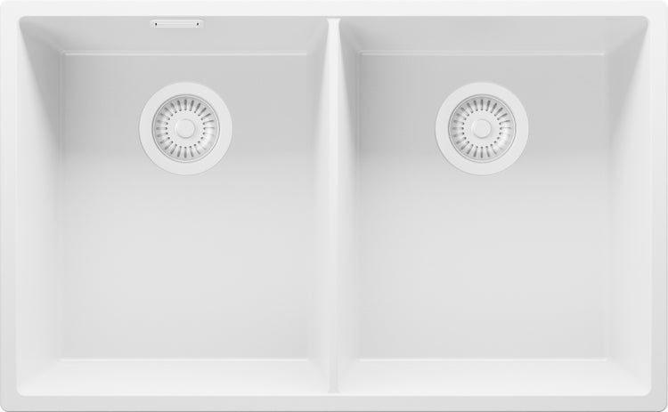 PRIMAGRAN Spülbecken Alles Weiß 76x47cm, Granitspüle 2 Becken + Ablauf-Set, Küchenspüle ab 80er Unterschrank - London Slim Twin