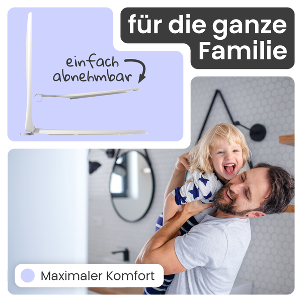 Produktbild mit Text, der die einfache Abnehmbarkeit und den maximalen Komfort für die ganze Familie hervorhebt