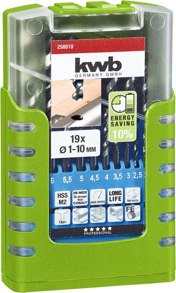 kwb Universeller 19-teiliger Akku-Top Metallbohrer-Satz HI-NOX, HSS  Bohrer-Set, Ø 1 mm - 10 mm in 0,5 mm schritten