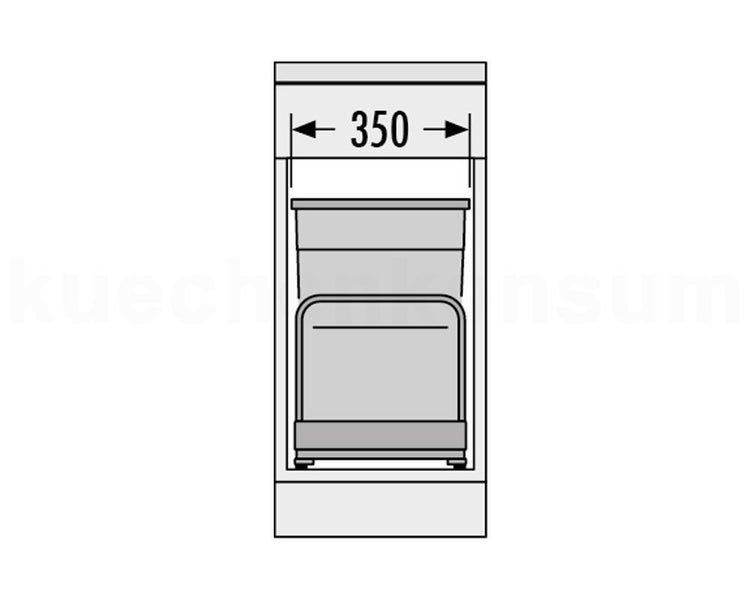 Maßzeichnung eines Mülltrennsystems für einen 350 Millimeter breiten Schrank.