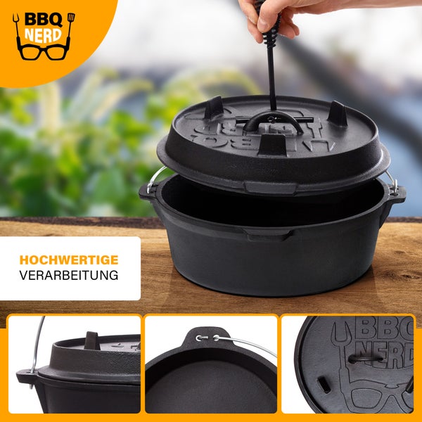 BBQ-Nerd Dutch Oven Professional 7,3L mit Ständer | bereits eingebrannt - preseasoned | Gusseisen Feuertopf mit Deckel und integr. Bratpfanne | Feuerfester Grill & Camping Kochtopf mit Deckelheber