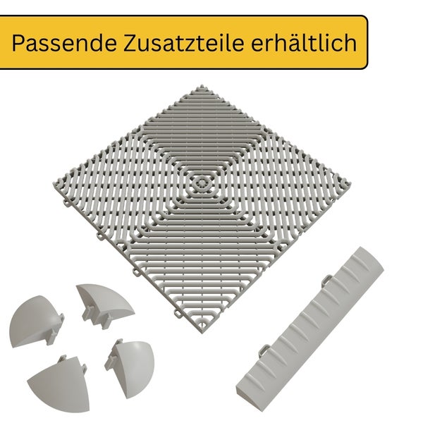 Passende Zusatzteile wie Randleisten und Eckstücke für Klickfliesen sind separat erhältlich.