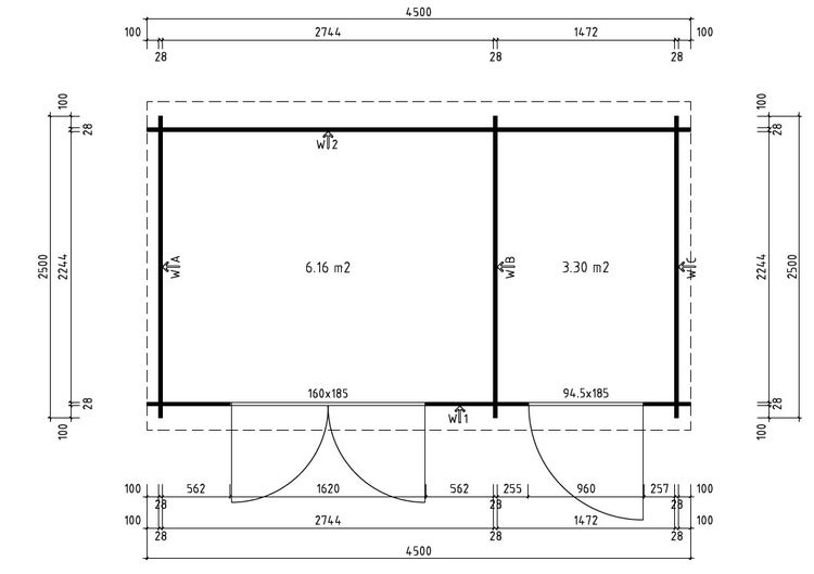 Technischer Grundrissplan für ein Gartenhaus mit zwei Räumen und Maßangaben in Millimetern und Quadratmetern.