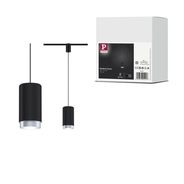 Paulmann URail Pendelleuchte Corus in Schwarz matt für Schienensysteme sowie die Produktverpackung.