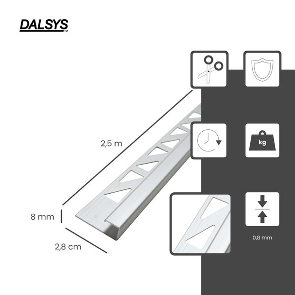 Dalsys Logo. Fliesenprofil: 2,5 Meter lang, 8 Millimeter hoch, 2,8 Zentimeter breit. Stärke 0,8 Millimeter. Kürzbar, robust, schnelle Montage.
