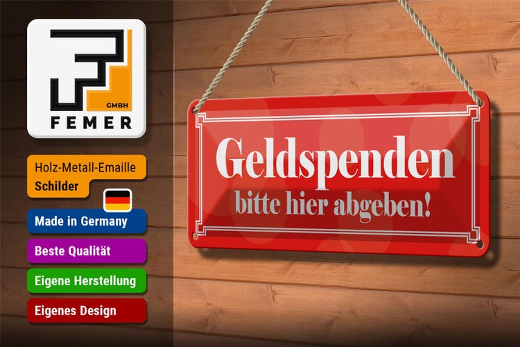 Blechschild Spruch 27x10cm Geldspenden bitte hier abgeben Dekoration