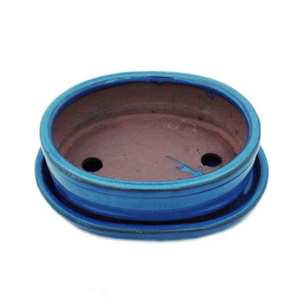 Bonsai-Schale mit Unterteller Gr. 2 - Blau - oval - Modell O7 - L 15,5cm - B 12cm - H 4,5cm