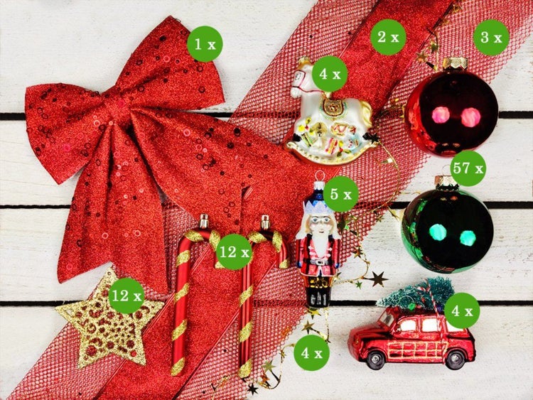 Weihnachtsbaumschmuck Set mit Schleife, Schaukelpferd, Weihnachtskugeln, Zuckerstangen, Nussknacker und Auto Anhänger.