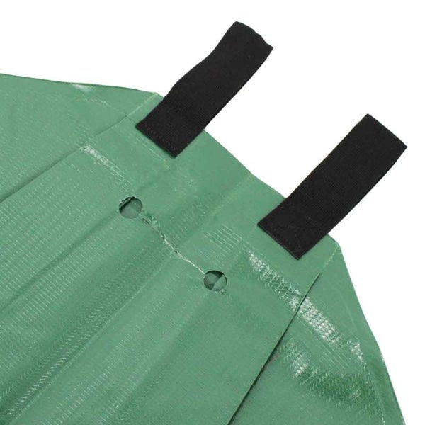 Detailaufnahme einer grünen Pflanztasche mit schwarzen Trageschlaufen und Entwässerungslöchern
