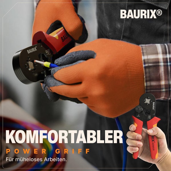BAURIX® Crimpzange mit 2000 Aderendhülsen Set, Ergonomische Aderendhülsenzange mit Kraftregler für 0,25-10mm², isolierte und unisolierte Aderendhülsen, Crimpwerkzeug - Modell: PERSEUS (4-Kant)