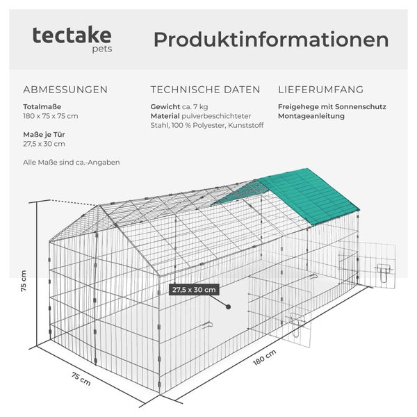 Freilaufgehege für Kaninchen tectake  180 x 75 x 75 cm aus 12 Gitterelementen grün