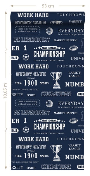 Tapete mit Sportmotiven und Schriftzügen wie 'Work Hard', 'Rugby Club' und 'Championship'