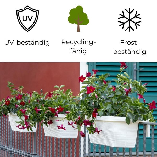 Geländerkasten 60 Rattan Geflecht Optik Balkonkasten für Geländer Blumenkasten inkl. Halterung weiß