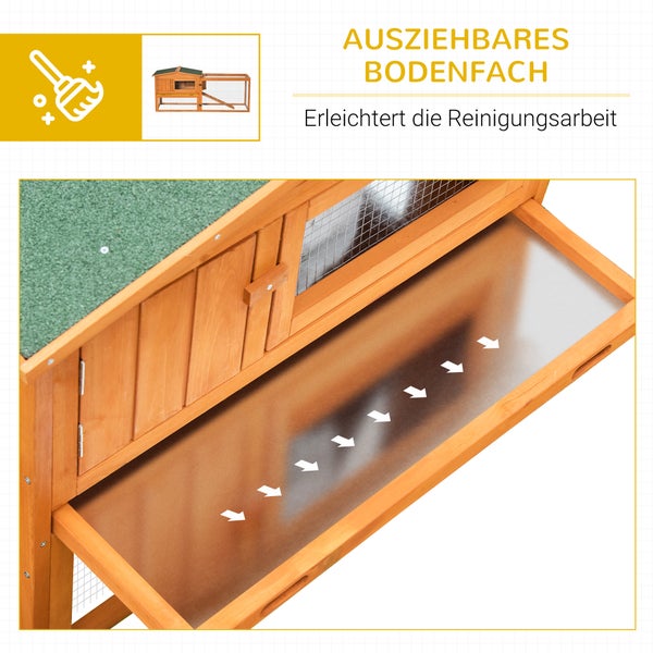 PawHut Hasenstall Kaninchenstall mit Freilaufgehege Bodenwanne, Rampe, Kleintierstall aus Holz Meerschweinchen Gehege mit 2 Etagen, Sichtfenster, für Zwergkaninchen 156x58x68 cm, Orange