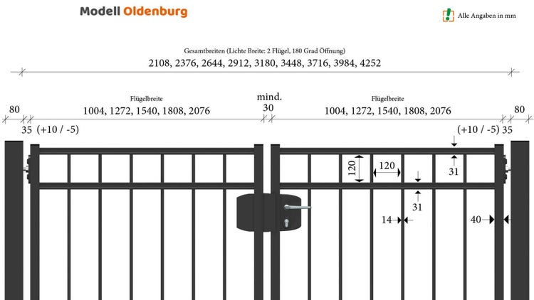 Technische Zeichnung Modell Oldenburg mit Maßangaben für Gesamtbreite und Flügelbreite