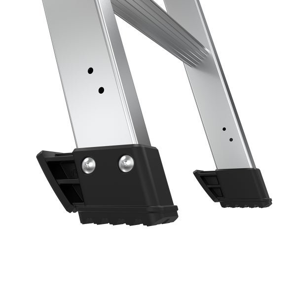 Detailansicht der rutschfesten Fußkappen an einer Aluminiumleiter für sicheren Stand.