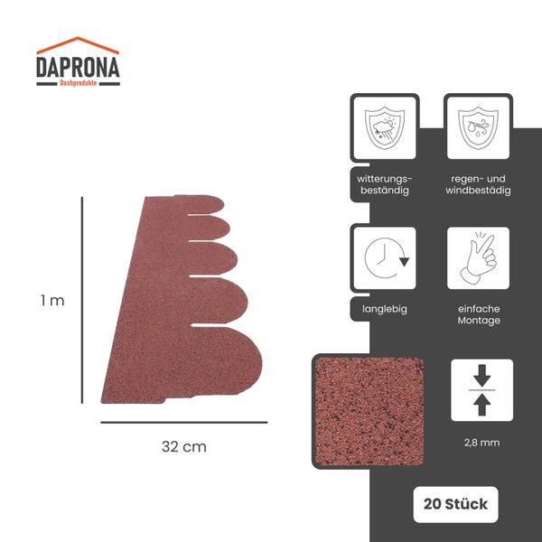 Daprona Logo, rote Bitumenschindeln Biberschwanz, 1 Meter mal 32 Zentimeter, 2,8 Millimeter dick, wetterfest, langlebig, einfache Montage, 20 Stück.