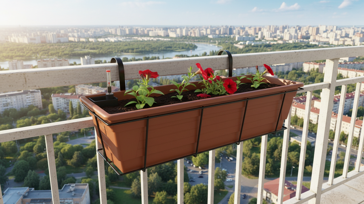 Balkon-Blumenkasten in Terrakotta mit schwarzer Halterung an einem Geländer, bepflanzt mit roten Blumen, inklusive Wasserstandsanzeige.