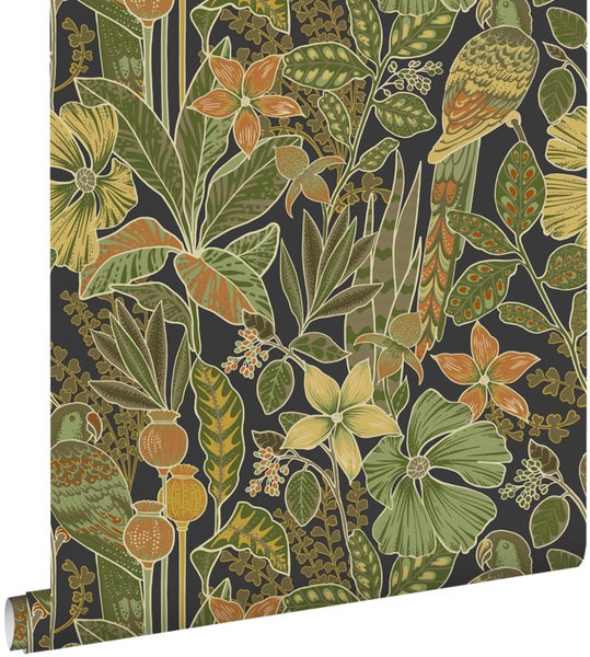 ESTAhome Tapete tropischen Blumen und Paradiesvögeln Olivgrün - 50 x 900 cm - 131160