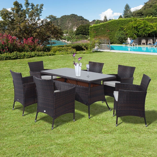 Outsunny 7tlg. Polyrattan Gartenmöbel, Rattan Gartenset, für 6 Personen, 150 x 80 x 74 cm, PE-Rattan, Metall, Braun+Creamweiß