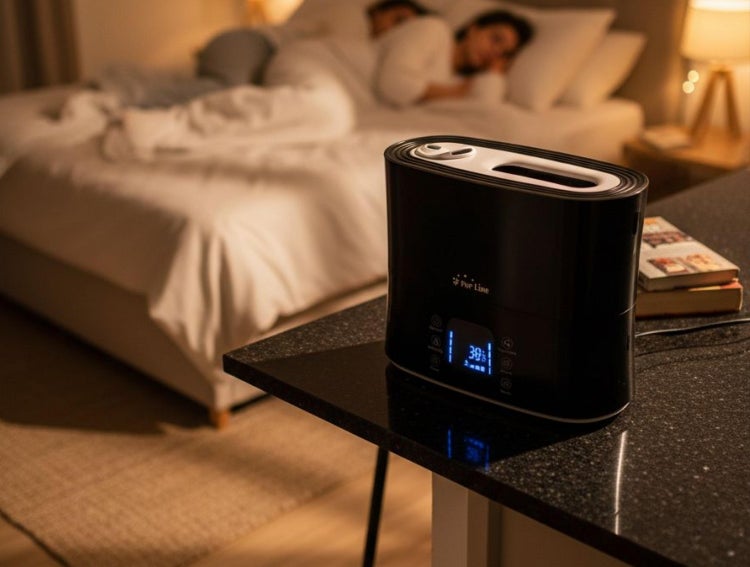 Schwarzer Pur Line Luftbefeuchter mit digitaler Anzeige auf einem Nachttisch in einem Schlafzimmer.