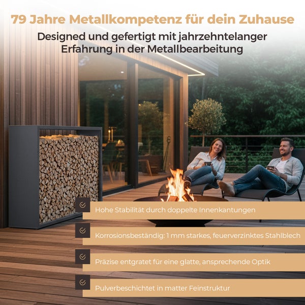 Modernes Kaminholzlager aus pulverbeschichtetem Metall und Feuerschale auf einer Terrasse mit brennendem Holzfeuer und Sitzgelegenheit.