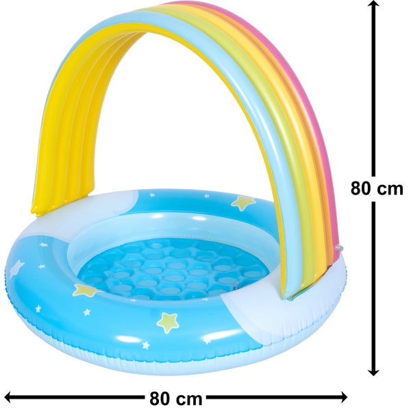 Aufblasbares Planschbecken für Kinder mit Sonnendach in Regenbogenoptik und Sternenmuster, Durchmesser und Höhe jeweils 80 Zentimeter.