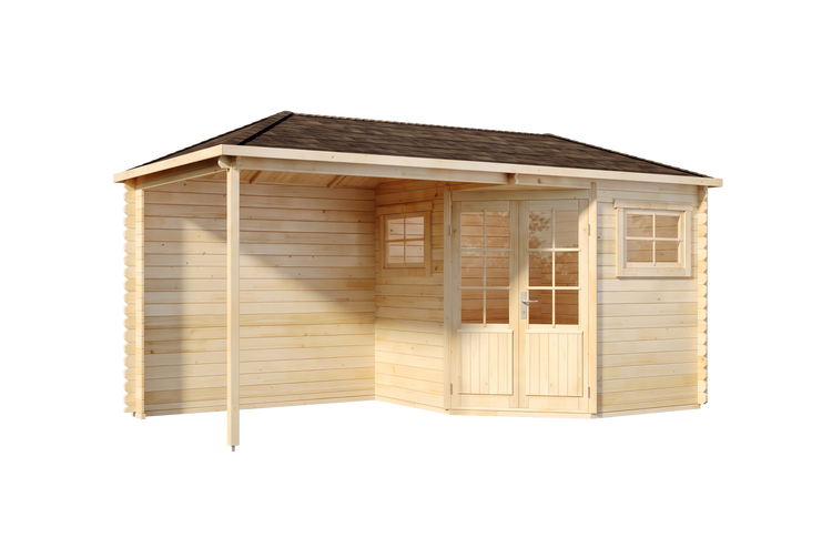 Gartenhaus aus Holz mit Veranda, Doppelflügeltür und zwei Fenstern, ideal als Gartenunterstand oder Ferienhaus für den Außenbereich.