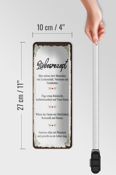 Blechschild Spruch Liebesrezept man nehme 2 Menschen 10x27cm