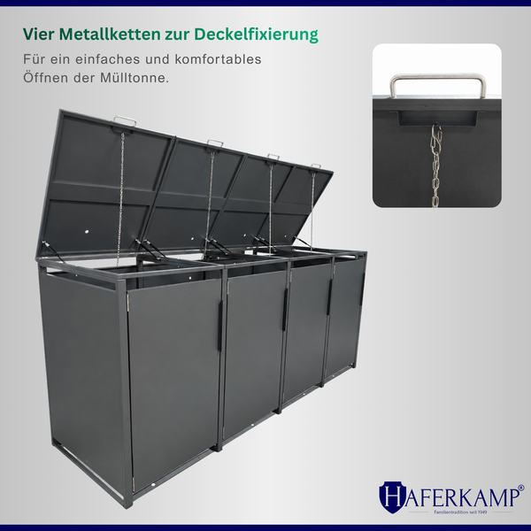 Vierer-Mülltonnenbox mit geöffneten Deckeln, integrierten Metallketten zur Deckelfixierung und Haferkamp Logo.