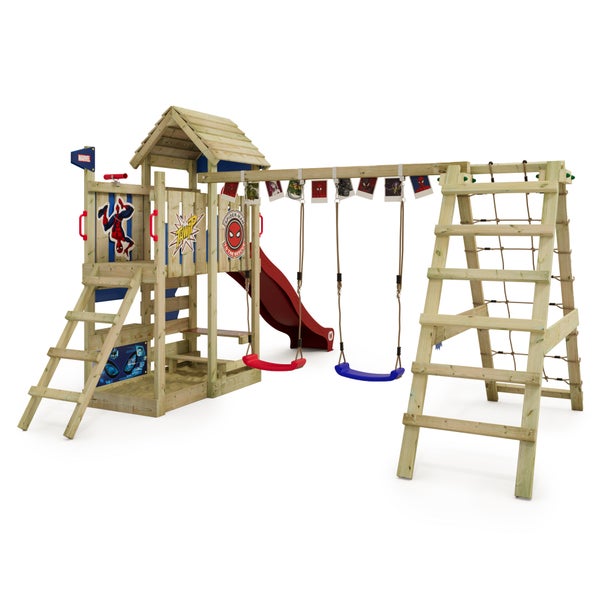 WICKEY Spielturm Marvel Spider-Man Story mit Rutsche, Kletteranbau und Doppelschaukel